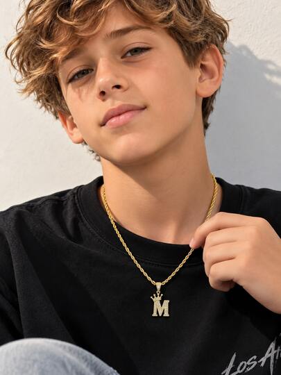 1pc Gold Crown Initial Pendant Necklace, Shiny Rhinestone Rope Chain, Hip Hop Style Jewelry, Street Party Daily Wear Gift For Boys And Girls