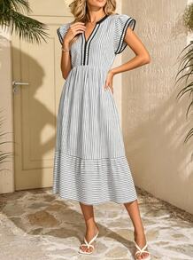 2026 Women V‑Notch Ruffle Cap Sleeve Midi Dress, Striped Tiered Swing Dress With Side Pockets, Casual Dress For Beach Vacation, Daily Outing, - Black - View 1