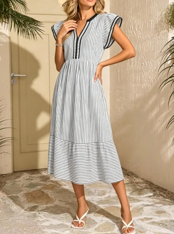 2026 Women V‑Notch Ruffle Cap Sleeve Midi Dress, Striped Tiered Swing Dress With Side Pockets, Casual Dress For Beach Vacation, Daily Outing, - Black - View 1