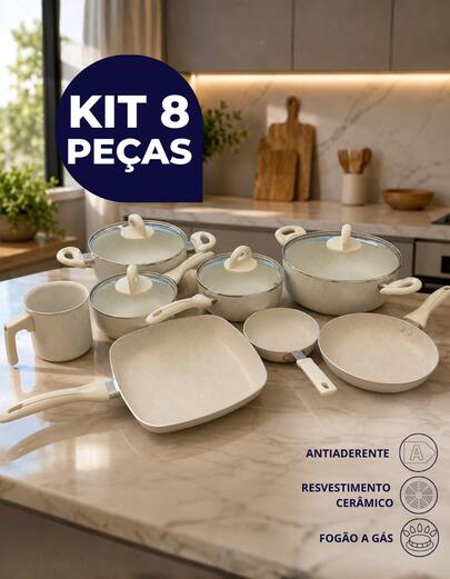 Conjunto de Panelas 8 Peças Revestimento em Cerâmica Antiaderente Fogão à Gás