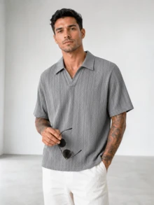 1pc Blueprint Man Men's Polo Shirt, Gray Textured Jacquard Collar Polo Shirt, Drapey Breathable Knit Fabric, Wrinkle-Resistant, Comfortable And Easy Care, Mature Gentleman Style For Daily, Commute, Light Business, Casual Wear, Men's Gift - Grey - View 2