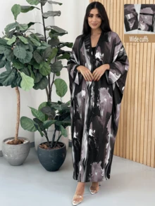 1 buah Cardigan Muslim Bermotif, Desain Lengan Manset Terpisah, Abaya Klasik Serbaguna - MultiWarna - View 3
