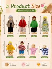 8pcs Set Posable Wooden Dollhouse Figures, Mini Family Dolls With Flexible Limbs, Suitable For Role Play DIY Scenes, Home Decor Creative Gift - Multicolor - View 4