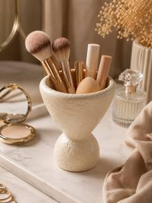 1pc Textured Cream Makeup Brush Holder, Abstract High-Footed Goblet Shaped Vanity Storage Box, 2-In-1 Cosmetic Organizer & Dried Flower Vase, Minimalist Wabi-Sabi Style Bathroom Vanity Home Decor - Stone Cave Storage - View 10