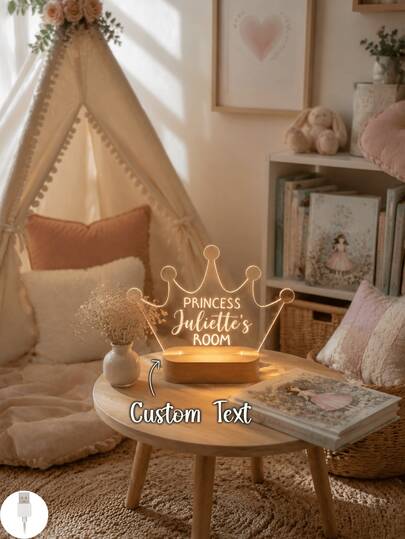 Personalized Name Crown LED Night Light Custom Text Acrylic Desk Lamp Wood Base Warm Light Bedside Lamp Cute Princess Room Decor Birthday Gift For Kids Toddler Girls Baby Nursery
