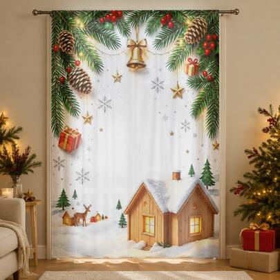 Single Panel Christmas Pattern Sheer Curtain, Featuring Pine Branches, Pine Cones, Snow House, Reindeer, Golden Bells, Red Berries And Other Christmas Elements, Rod Pocket Installation, Suitable For Bedroom, Kitchen, Living Room Decoration, Essential Choice For Christmas Indoor Decor