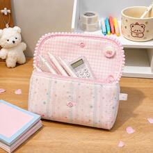 1pc Colorful Patchwork Pencil Case, Large Capacity Multi-Layer Stationery Organizer With Pink Pom Pom Trim, Zipper Compartment And Snap Front Pocket, Portable Storage Bag For Pens, Pencils, Erasers, Rulers, Cards And School Supplies, - Colorful Print - View 4