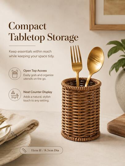 Cylindrical Hollow Woven Rattan Tableware Storage Basket, Decorative Desktop Organizer Box, Suitable For Kitchen, Dining Room, Home, Party Daily Table Decoration