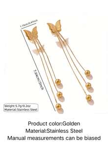 1 Set Elegant Butterfly-Shaped Stainless Steel Stud Earrings For Women, Suitable For Daily Wear/Vacation Travel/Party Dating - Yellow Gold - View 12