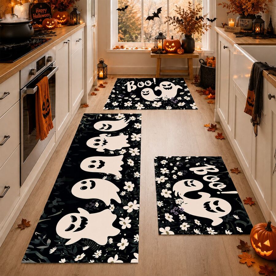 1/2pcs Halloween Ghost Pattern, Vintage Diatomaceous Earth Bath Mat, Super Absorbent, Non-Slip, Perfect For Bathroom, Kitchen And Dining Room, Quick Drying, Machine Washable, Perfect Gift For Home Decor And Bathroom Mat - Multicolor - View 1
