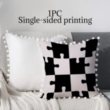 1PC Black White Puzzle Print Pillow Cover Pom Pom Tassel Edge Geometric Decorative Throw Pillow Sofa Couch Bedroom Home Decor - Multicolor - View 5