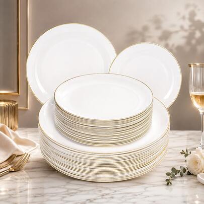 50/25/20/10-Piece Platinum-Rimmed Dinner Plate Set Features Reusable 7.5-Inch And 10.25-Inch Plates That Can Be Used As Food Trays, Fruit And Snack Platters, Dessert And Salad Platters, Cheese And Candy Trays, Etc. Suitable For Parties, Weddings, Birthdays, Picnics, Holiday Events, And Many Other Occasions. Easy To Clean And Durable, These Plates Are Perfect For Elegant Table Settings At Home And Events.