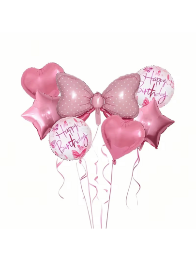 14/7pcs Pink Bow Theme Birthday Foil Balloon Set, Birthday Party Background Decoration Balloons, Suitable For Christmas, Halloween