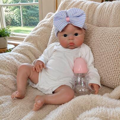 18 Inch Cute ‑Cheek Reborn Baby Doll Reborn Dolls For Girls Full Solid Silicone Material Soft & Elastic Touch Open Mouth With Realistic Tongue Design Anatomically Accurate Adorable Girl Play Doll Perfect For Birthday Gifts