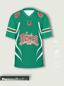 客製化墨西哥主題足球球衣，支援客製化姓名、號碼與 Logo，亮綠色主色搭配字體印花，袖口條紋細節，V 領短袖球衣，柔軟耐穿面料，耐褪色，男士客製化訓練運動服 - 綠色 - 查看 2