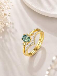 Besthing 2pcs/Set S925 Sterling Silver 1CT Oval Blue-Green Moissanite V-Shaped Stackable Wedding Commitment Anniversary Jewelry Gift - Emas - View 4