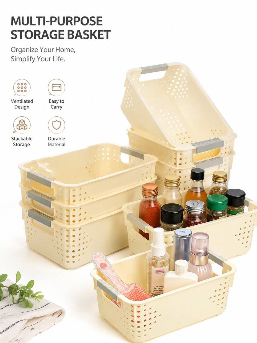 1/2pcs Plastic Storage Basket, Kitchen Storage Bin, Small Food Storage Box With Handle, Household Organizer Box For Kitchen Cabinets, Desktops, Countertops, Bedrooms, Bathrooms, Wide Shallow Storage Box For Fruits, Bread, Ginger, Garlic, Snacks And Picnic, Desktop Clutter Storage Bucket