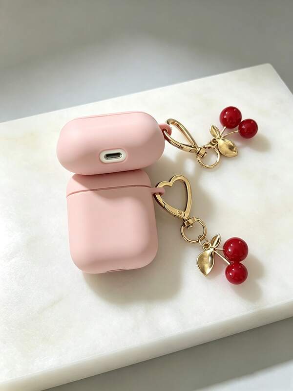 Estuche de Auriculares Rosa Lindo con Colgante de Corazón de Cereza, Funda Protectora Suave a Prueba de Golpes para AirPods 1/2/3/Pro/Pro2, Accesorio de Moda para Auriculares para Mujeres