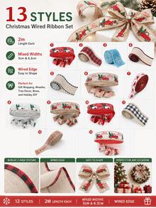 1pc Christmas Wired Ribbon, 5cm/6.3cm X 2m Festive Decorative Ribbon, Printed Burlap Style Ribbon For Gift Wrapping, Christmas Tree Bows, Wreath Making, Holiday Party Decor, DIY Crafts - Faux Linen - View 7