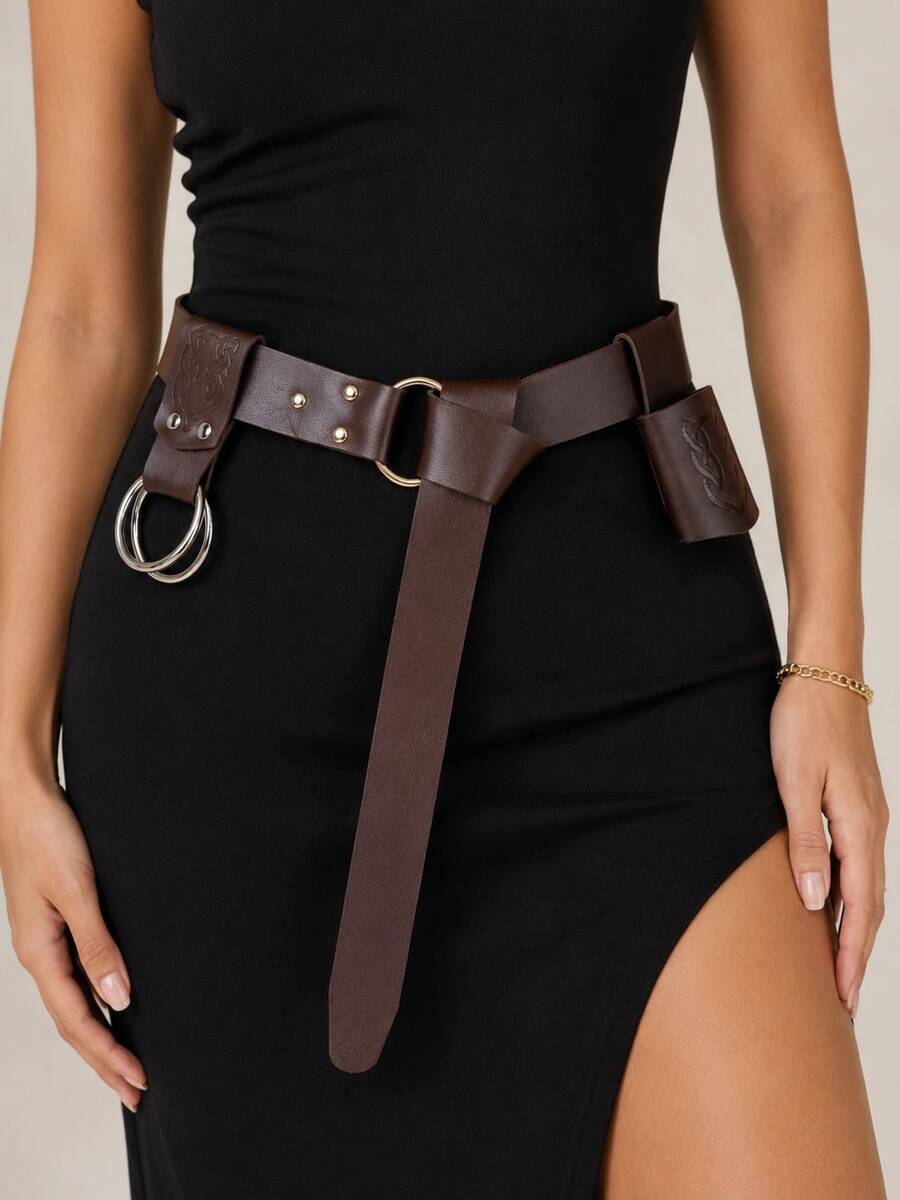 3PCS/Set PU Leather Vintage Decorative Belt, Medieval Viking Punk Style, Embossed Metal Ring Adjustable Sword Scabbard Waist Belt Skirt Clip, Adult Halloween Knight Cosplay Party Stage Performance Costume Accessory - A - View 1