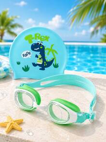 Children's Swim Goggles Set, Cute Printed Swim Cap, Colorblock Design, Adjustable Goggles With Earplugs And Nose Clip, Swimming Pool Water Play Equipment - Green - View 1