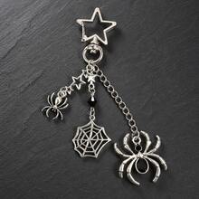 1PC Halloween Gothic Spider Chain Brooch Pin, Antique Silver‑Toned Star Web Dangle Lapel Pin For Party Costume Accessory - Silver - View 4