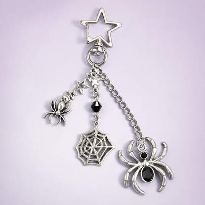 1PC Halloween Gothic Spider Chain Brooch Pin, Antique Silver‑Toned Star Web Dangle Lapel Pin For Party Costume Accessory