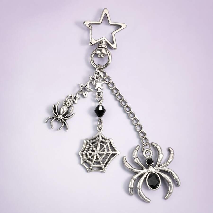 1PC Halloween Gothic Spider Chain Brooch Pin, Antique Silver‑Toned Star Web Dangle Lapel Pin For Party Costume Accessory - Silver - View 1