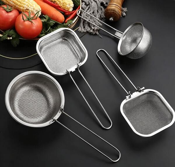 SOKANY Colador/Escurridor de malla de acero inoxidable de 5.3 pulgadas – Mango plegable; Apto para cocinar, espumar y freír