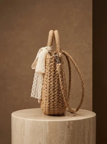 CAJUNI Straw Crossbody Shoulder Bag, Daisy Decor, Handmade Coin Purse - Khaki - View 2