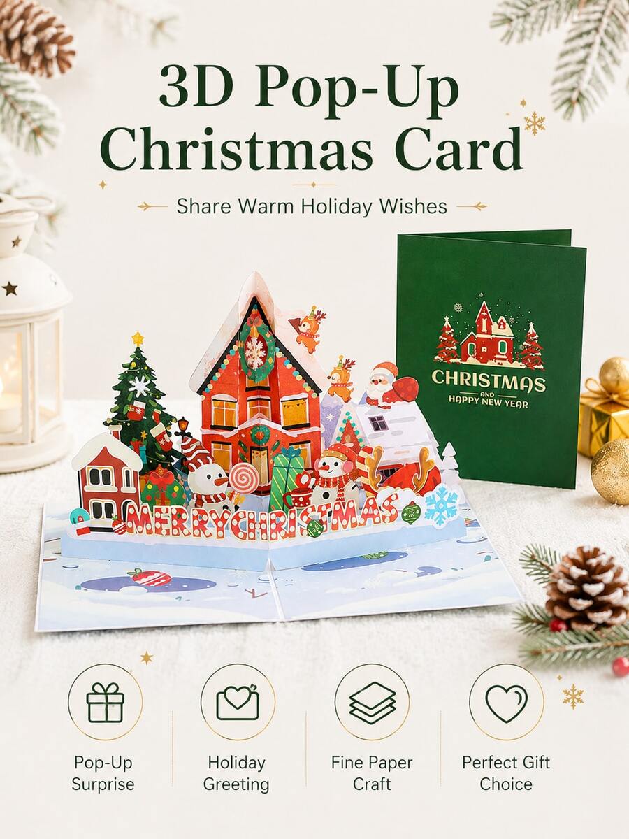 Creative Christmas 3D Greeting Card, Vintage Christmas House Style Card, A Gift For Friends And Family, Party Gift Card And Invitation Card - Green - View 1