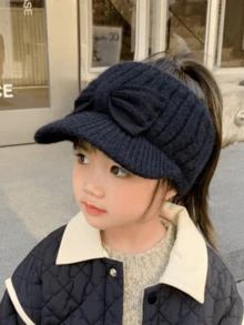 Children's Knitted Plush Letter Embroidered Short Brim Sun Hat, Unisex Warm Ear Protection Cap - Open-top Bow Knit - View 3