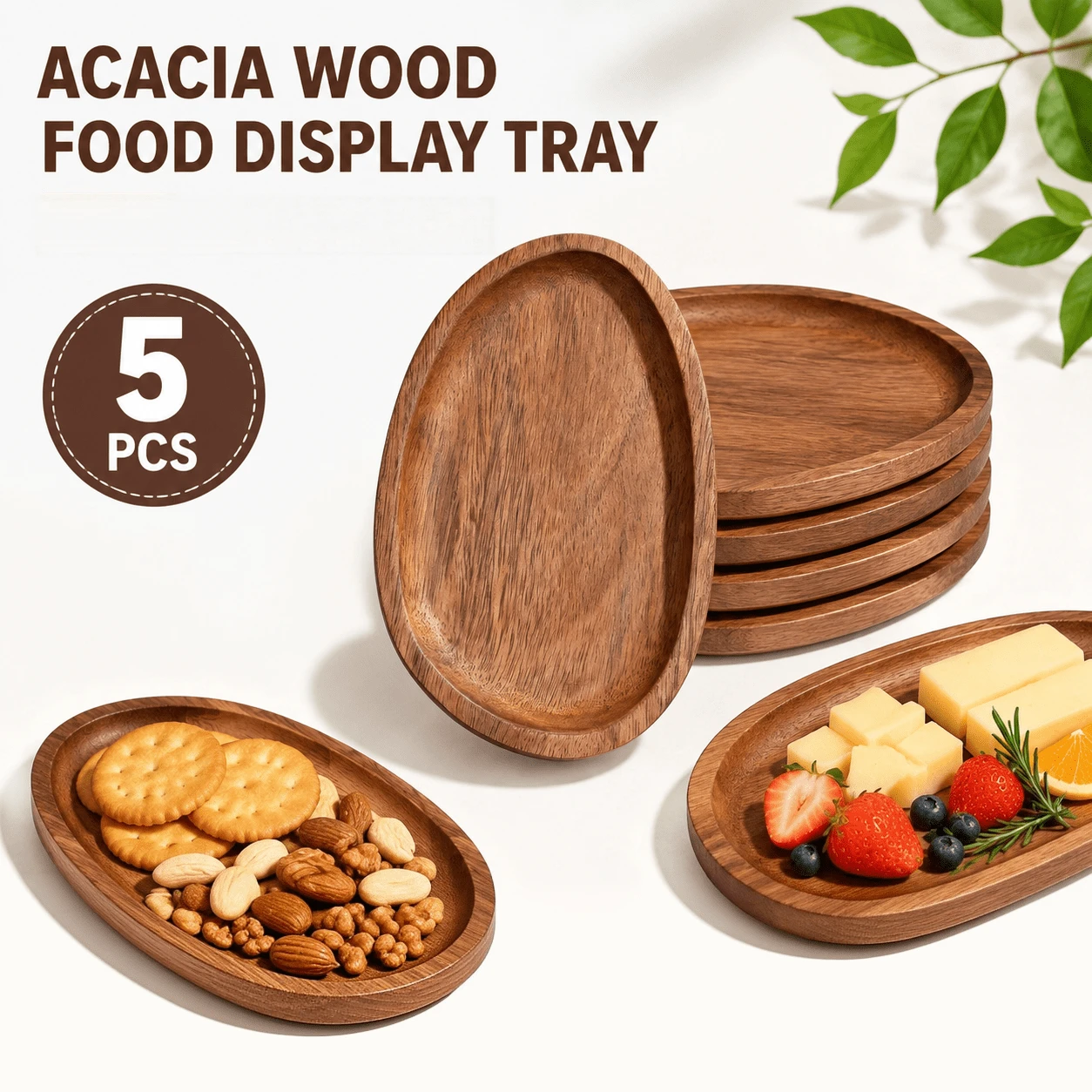 5pcs Set Rosewood Food Display Trays, Natural Solid Wood Oval Snack Plates, Smooth Polished Edges, Raised Rim Design, Sturdy And Stable, Easy To Clean With A Wipe. Multi-Plate Combination Meets Different Usage Needs, Suitable For Nuts, Fruits, Cheese, Desserts, Home Afternoon Tea Display, Also Can Be Used As Desktop Storage Tray, Vintage And Rustic, Fits Various Home Decor Scenes. - View 1