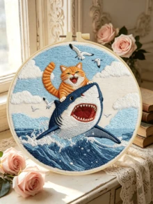 Embroidery Kit 15x15cm/5.9in Or 20x20cm/7.9in Handmade DIY Set Cat Catching Shark Pattern Suitable For Adult Beginners Includes Fabric, Instructions, Embroidery Hoop, Needle And Thread Perfect Gift For Friends And Family Home Or Office Art Decor - A - View 15