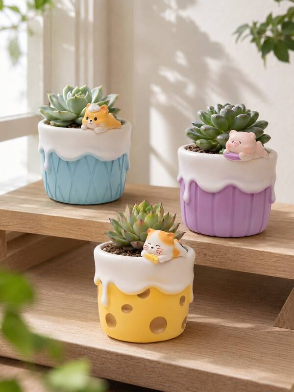 1 pieza Maceta pequeña de animal adorable, maceta de suculentas con goteo de crema de gato, cerdo y cachorro, maceta de flores linda para escritorio, hogar, oficina, dormitorio, estantería, alféizar de ventana, regalo de inauguración de casa para mujeres y amantes de las plantas