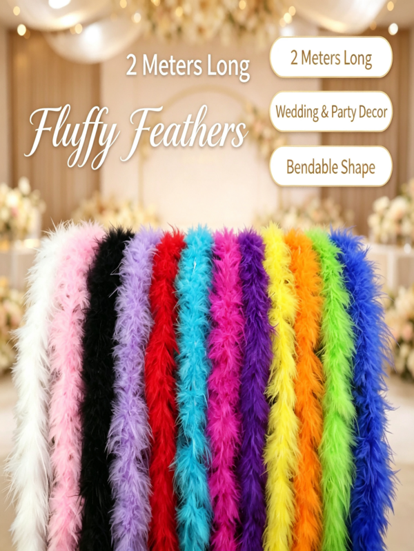 2m Ribete ondulado de plumas de marabú de pavo sintético, tira de plumas suave y esponjosa, 10 colores vibrantes, DIY para ropa hecha a mano, sombrero, ramo de boda, árbol de Navidad, decoración del hogar, escenario, carnaval, fiesta de té de los 80, accesorios para fiestas navideñas de niñas y mujeres, hecho a mano, ligera caída de plumas