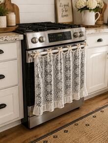 Beige Hollow Crochet Lace Oven Door Curtain With Bow‑Tie Straps & Ruffled Hem,Dishwashers Cover,Polyester Kitchen Stove Cover,Semi‑Sheer Stove Front Decor Cover,Rustic Farmhouse Cottage‑Style Kitchen Wall Decoration,Home Entryway Shoe Racks Ornament. - Beige - View 5