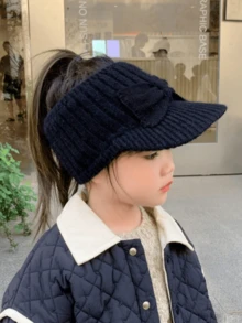 Children's Knitted Plush Letter Embroidered Short Brim Sun Hat, Unisex Warm Ear Protection Cap - Open-top Bow Knit - View 2