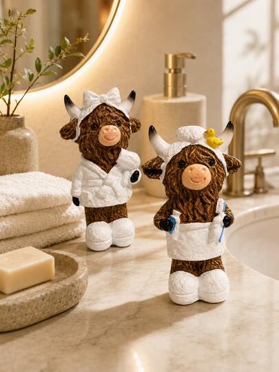 1pc 4.72 Inch Cute Highland Cow Bathroom Decor, Resin Bathrobe Cow And Rubber Duck Toothbrush Cow Decorative Statue, Suitable For Bathroom Vanity, Countertop, Sink And Shelf, Cute Bathroom Decoration, Highland Cow Gift, Animal Figurine, Home Decor
