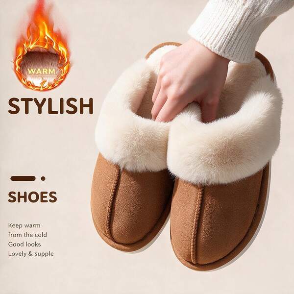 Women's Solid Color Faux Fur Trim Closed-Toe Plush Slippers, Thick Warm Indoor House Casual Slippers, Autumn/Winter