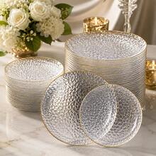 10/25/50pcs Set 10.25 Inch + 7.5 Inch Transparent Hammered Texture Single Gold Rim Round Dinner Plates, Food Trays, Exquisite Plating Serving Plates, Summer Party, Outdoor Picnic, Garden BBQ, Wedding Banquet, Guest Reception, Summer Bank Holiday, Popular Transparent Gold Rim Dinner Plates, Halloween, Christmas, Banquet Serving Plates, Buffet Plates - View 12