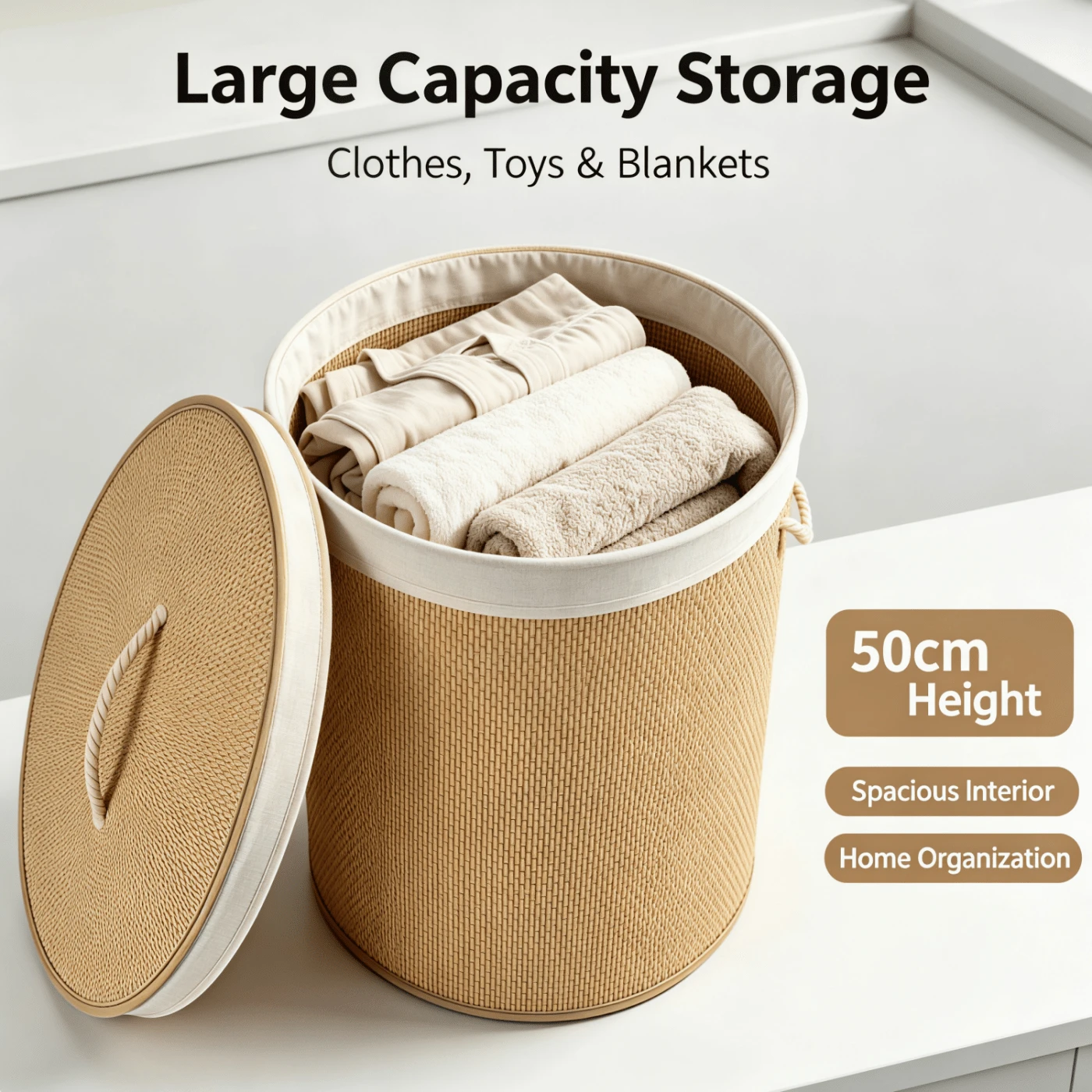 Woven Laundry Hamper With Lid, Laundry Basket, Storage Bin, Linen‑Lined Clothes Storage Basket With Rope Handles, Large‑Capacity Dirty Clothes Organizer Box, Suitable For Bedroom, Bathroom And Laundry Room - Khaki - View 1