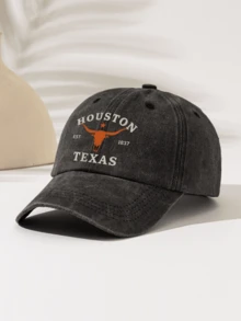 قطعة واحدة قبعة بيسبول عصرية بسيطة مغسولة بطبعة "HOUSTON ST 1837 TEXAS Bull Head"، بأسلوب أمريكي عتيق موحد الجنس، قطعة موضة أساسية، جذابة للغاية بأسلوب زخرفي لجميع الفصول، هدية للعائلة والأصدقاء - قبعة مغسولة - مشاهدة 3