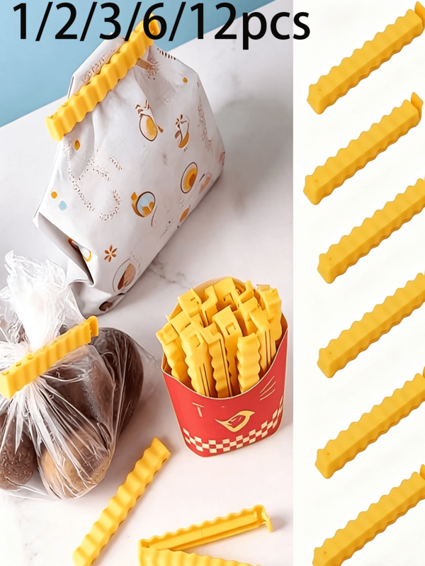 1/2/3/6/12pcs French Fries Shaped Food Sealing Clips Set, Creative Wavy Fries Design, Suitable For Bag Sealing, Kitchen Storage, Combining Aesthetics And Practicality Kitchen Gadget