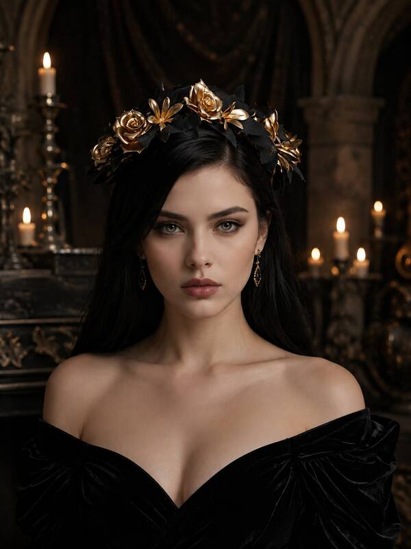 Gothic Black Gold Rose Flower Crown Headband Black Leaf Floral Wreath For Halloween Cosplay Dark Bridal Wedding Party Hair Accessory