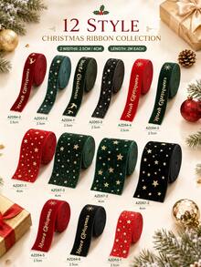 1pc Christmas Velvet Ribbon, Gold Foil Star & Merry Christmas Printed Decorative Ribbon, 2m Roll, 2.5cm/4cm Width, For Gift Wrapping, Christmas Tree, Wreath, Bow Making, Holiday Party Decor - Velvet - View 3