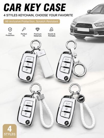 1pc Universal Foldable Car Key Cover, Pure White Full Coverage Anti-Drop Protective Shell With Exquisite Leather Rope Keychain For Women