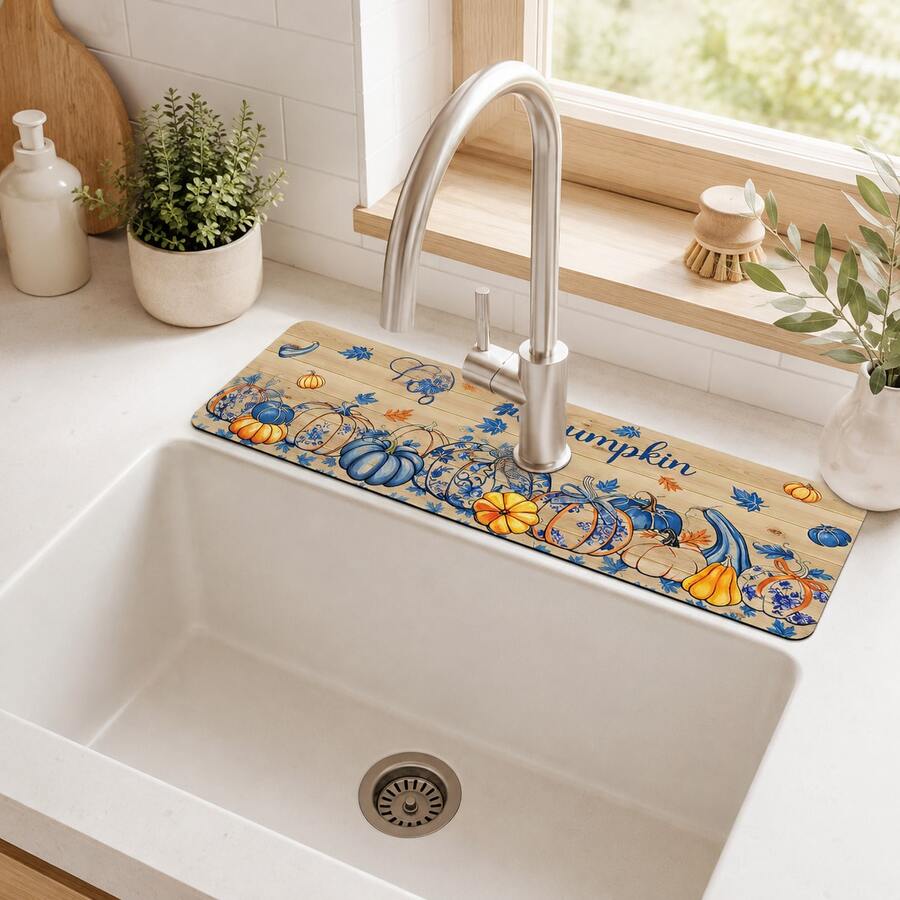 1pc Thanksgiving Multi-Color Pumpkin Pattern, Sink Faucet Absorbent Mat, Drainage Mat, Suitable For Kitchen, Bathroom Sink, Countertop, Drainage Mat, Diatomaceous Earth Material, Trimmable, Quick-Dry Mat - Multicolor - View 1