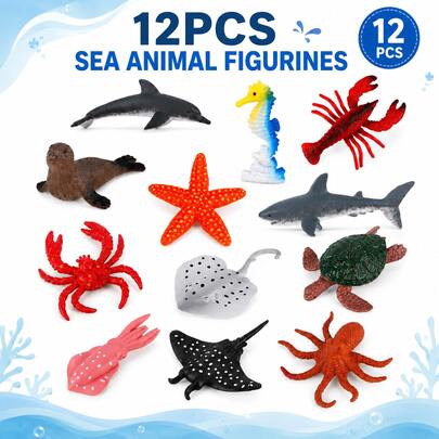 12件套逼真海洋生物模型，精緻海豚、鯊魚、海馬、螃蟹、海龜、章魚模型，耐用塑膠海洋動物小雕像，適合書架桌面裝飾、蛋糕裝飾、景觀佈置及節日桌面裝飾禮物