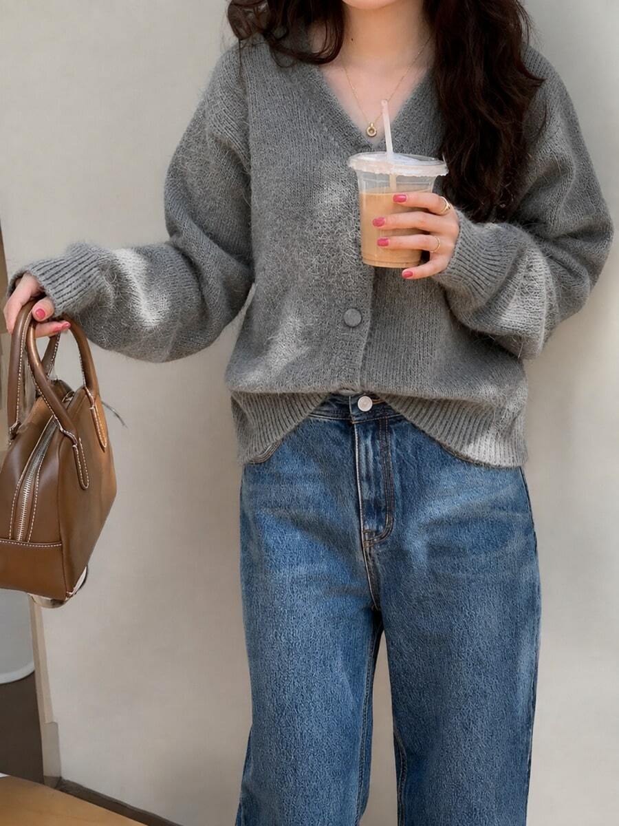 女款素色休閒百搭日常開襟衫 - 淺灰色 - 查看 1